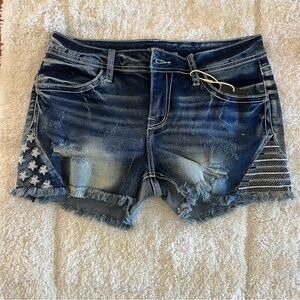 Flamingo Women's Urban Cut Off Distressed Stretch Denim American Flag Shorts Med